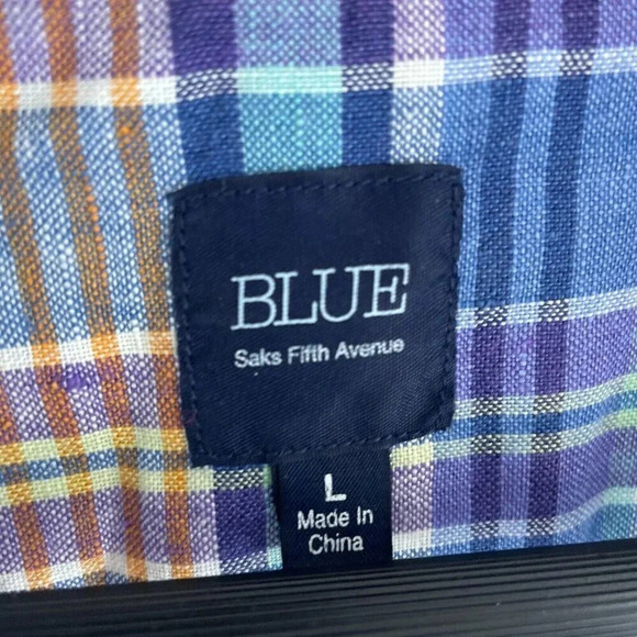 Blue Saks Fifth Ave Linen Shirt Short Sleeve Button Down Mens L 3824 - Picture 2 of 7